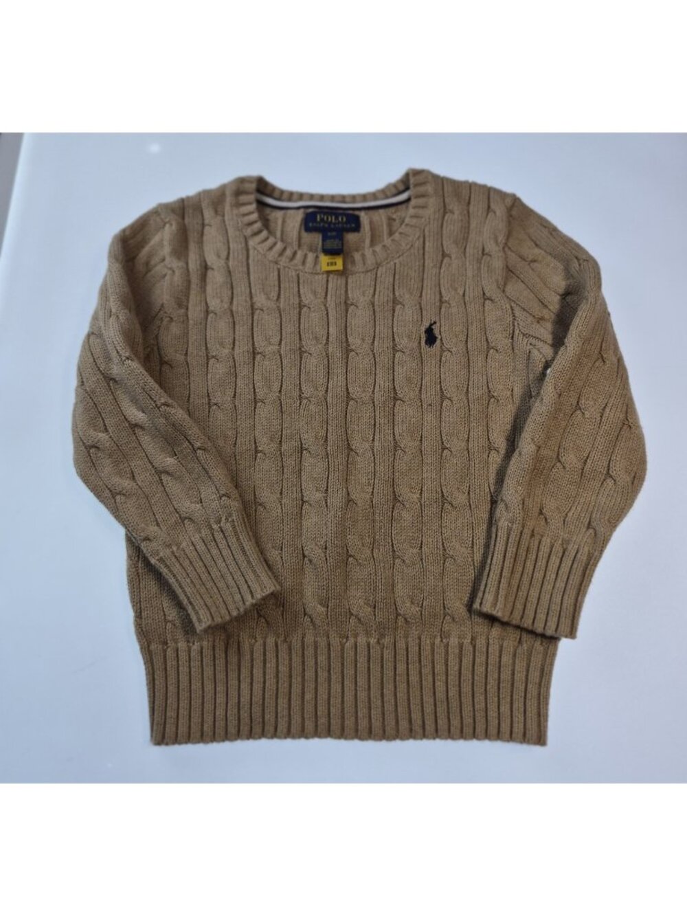 Polo Ralph Lauren Boys 3/3T Cable Knit Crewneck Sweater Tan Camel Navy Pony